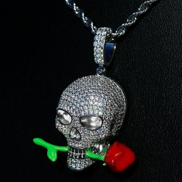 Moissanite Diamond Skull with Rose Pendant Necklace, Solid 925 - Main Image